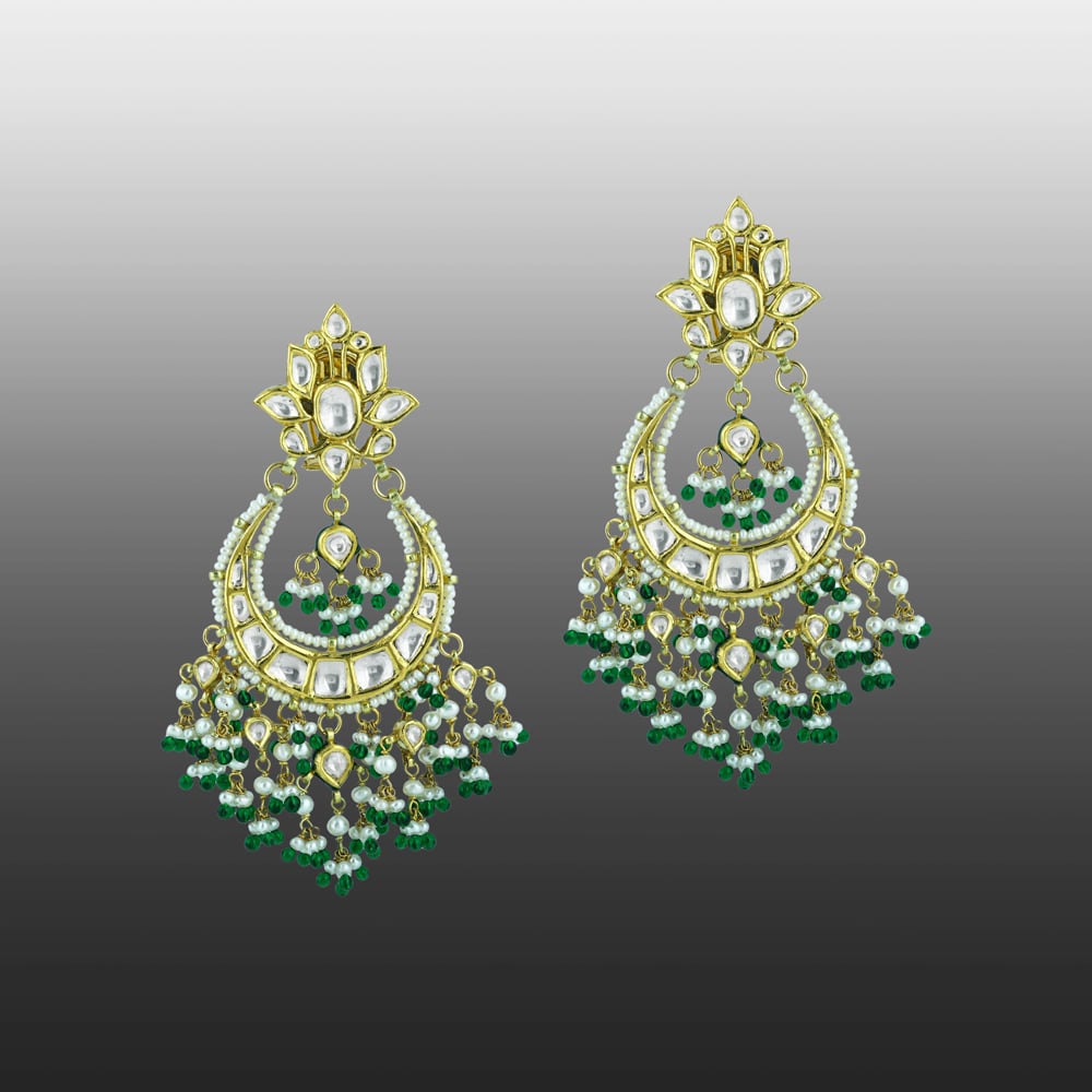 Chandbali Earrings with Polki, Green Beads, and Pearls